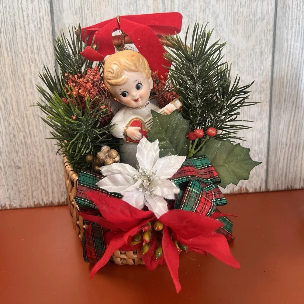 Vintage Kitschy Christmas Lefton boy heart guitar 60's poinsettia greenery